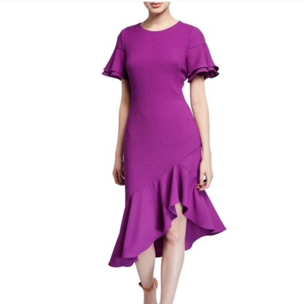 Black Halo Ruiz Asymmetric Flutter Dress Purple Stretch Mermaid Ruffle Sleeve 0
